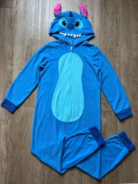 Disney Kids Blue Stitch One-Piece Pajama Set with Pink Ears Size Large 10/12